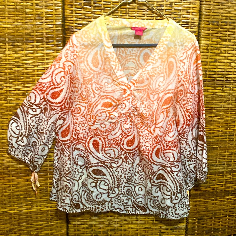 EUC Sunny Leigh orange bright red brown semisheer three-quarter sleeve blouse XL